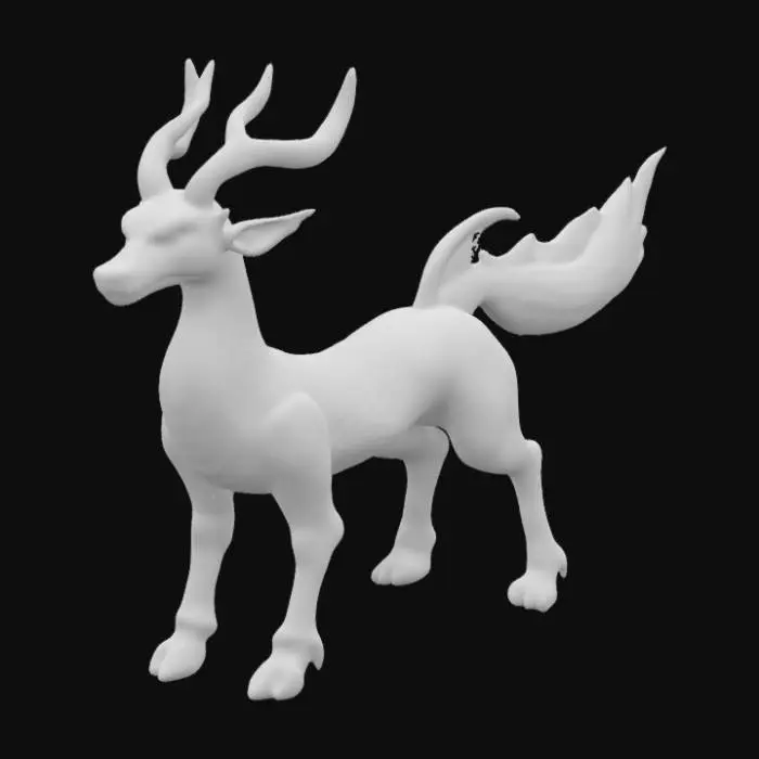 3D model for pokemon  Qilin, Uma criatura majestosa com corpo de veado, cauda de boi, escamas de peixe e um único chifre dourado, stylized 