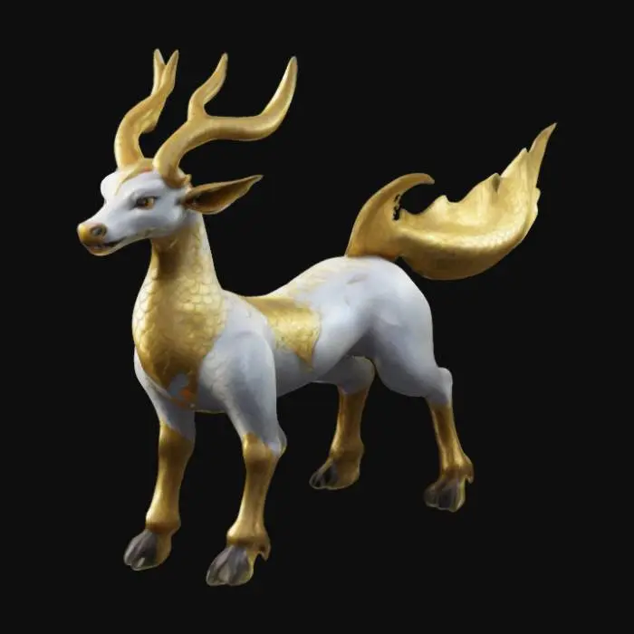 3D model for pokemon  Qilin, Uma criatura majestosa com corpo de veado, cauda de boi, escamas de peixe e um único chifre dourado, stylized 