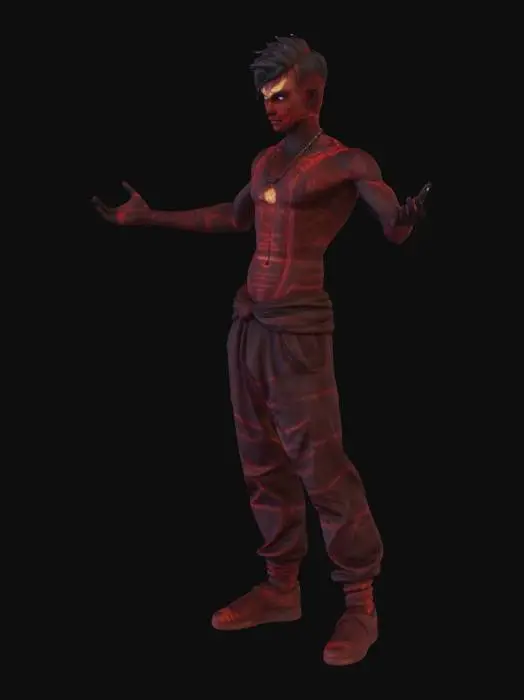 3D model for genere une image Personnage principal de fantasy, vue de face, parfaitement symétrique, visible entièrement, posture neutre et élégante. Corps athlétique mais naturel, proportions réalistes. Vêtements simples et minimalistes (tissu léger, pagne ou short simple), pas d’armure, pas d’arme. Tatouages symétriques discrets sur le torse et les bras, style mystique. Visage calme et charismatique, regard déterminé. Style artistique très détaillé, haute qualité, lumière douce, fond neutre ou clair. Illustration fantasy réaliste, rendu propre, net, esthétique, personnage héroïque sobre.