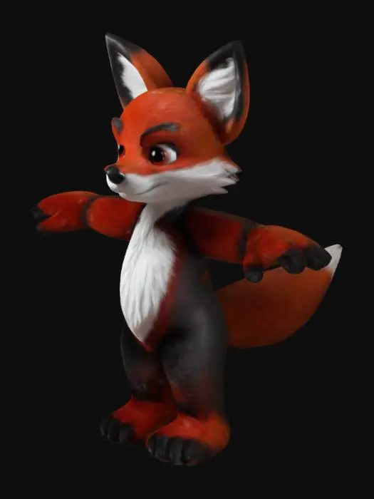 3D model for anthro black and red fox that is making a "T" with his arms and legs , T-pose,
