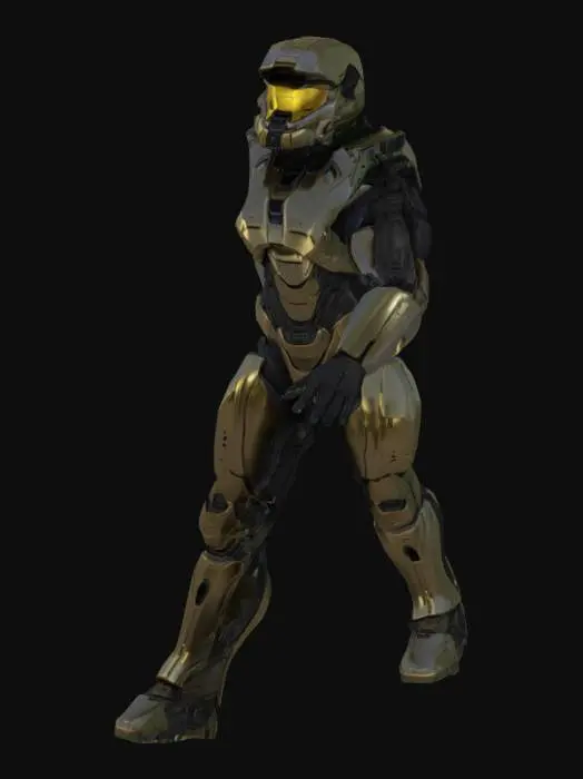 3D model for Highly detailed sci-fi human ground infantry in T-pose, inspired by Halo Spartans and ODST. Humanoid figure in heavy, angular, full-body exosuit with sealed environmental armor. Bulky tactical plating with realistic wear, reinforced joints, hydraulic supports. Helmet with full gold reflective visor, side-mounted sensors, air filtration modules. Integrated comms, chest-mounted modules, shoulder armor, thigh plates, back-mounted gear pack. Camouflaged texture across suit. No weapon. Detailed, anatomically correct hands with fully separated fingers, clean geometry. Military sci-fi design language, symmetrical, low-poly optimized for rigging and animation. No base or background. High-poly baked details preferred. Realistic proportions.
