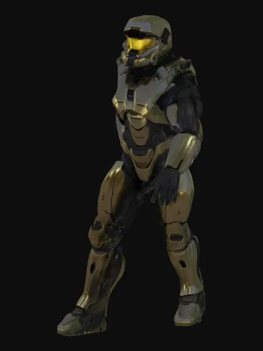 3D model for Highly detailed sci-fi human ground infantry in T-pose, inspired by Halo Spartans and ODST. Humanoid figure in heavy, angular, full-body exosuit with sealed environmental armor. Bulky tactical plating with realistic wear, reinforced joints, hydraulic supports. Helmet with full gold reflective visor, side-mounted sensors, air filtration modules. Integrated comms, chest-mounted modules, shoulder armor, thigh plates, back-mounted gear pack. Camouflaged texture across suit. No weapon. Detailed, anatomically correct hands with fully separated fingers, clean geometry. Military sci-fi design language, symmetrical, low-poly optimized for rigging and animation. No base or background. High-poly baked details preferred. Realistic proportions.