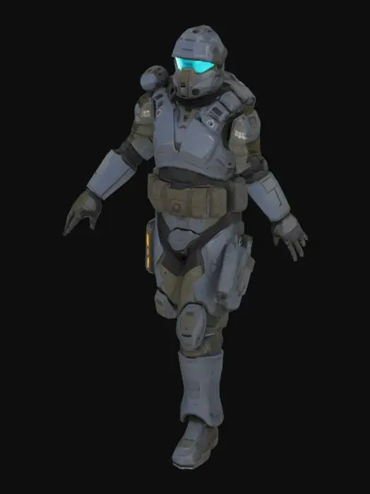 3D model for Sci-Fi human ground infantry. Fully enclosed environment suit with a visor similar to Halo's spartans. Tactical equipment and comprehensive armor. Sci fi shocktrooper. The object is a humanoid figure in bulky, angular armor with a camouflaged pattern, featuring a helmet. In a t pose, with no weapon
