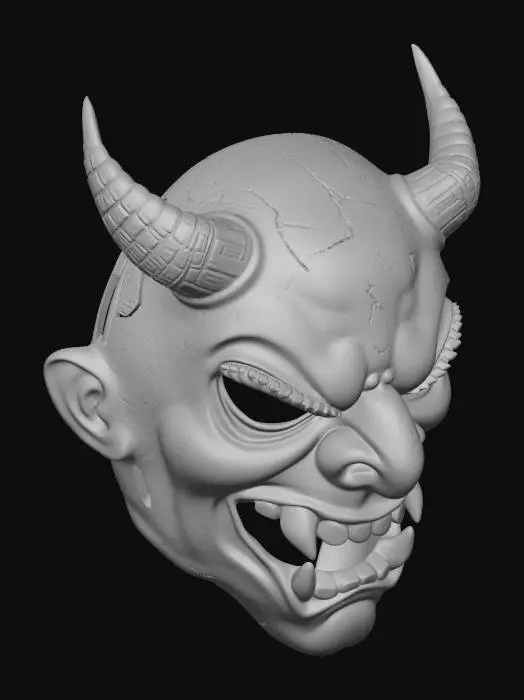 3D model for Distorted, glitched, cracked mask that is a distorted & glitched oni mask with minor charcoal underrtones and mixed Kintsugi goloden ink marks in the crack
