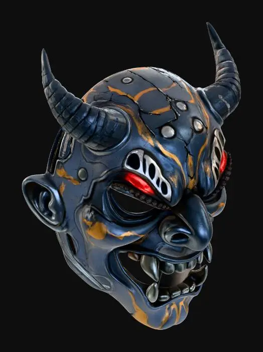 3D model for Distorted, glitched, cracked mask that is a distorted & glitched oni mask with minor charcoal underrtones and mixed Kintsugi goloden ink marks in the crack