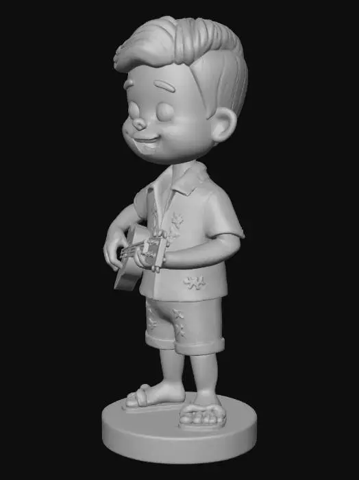 3D model for ute 3d render of a Hawaiian dashboard bobblehead toy, chibi proportions, big head small body, smiling Hawaiian man playing a small ukulele, wearing a turquoise Hawaiian shirt with white flower pattern and flip flops, standing on a round plastic base, studio lighting, soft shadows, stylized, clean shapes, plastic material, highly detailed, front view