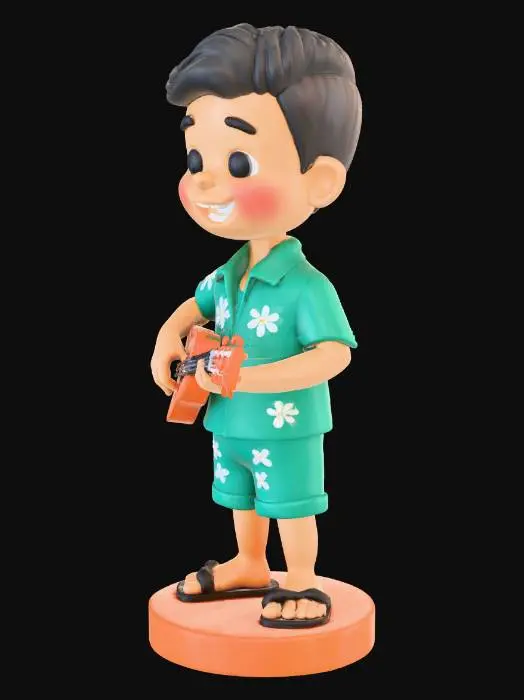 3D model for ute 3d render of a Hawaiian dashboard bobblehead toy, chibi proportions, big head small body, smiling Hawaiian man playing a small ukulele, wearing a turquoise Hawaiian shirt with white flower pattern and flip flops, standing on a round plastic base, studio lighting, soft shadows, stylized, clean shapes, plastic material, highly detailed, front view