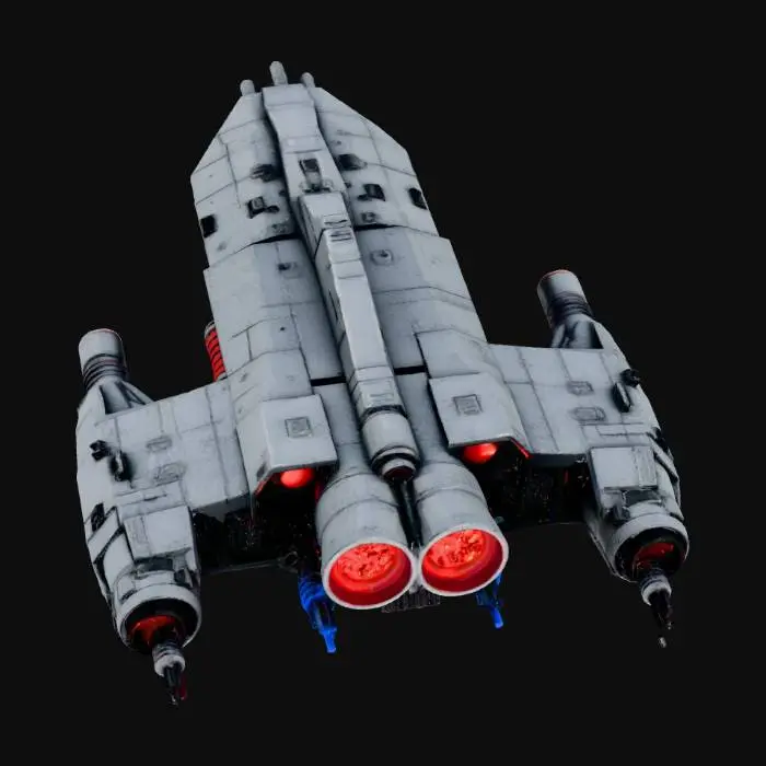3D model for A heavily armored sci-fi combat fighter, featuring a sleek, angular dark grey metallic hull with subtle battle-scarred textures. It has glowing blue thruster vents and sharp red weapon ports, indicating advanced energy systems. The robust structure includes prominent engine nacelles and a reinforced cockpit, conveying a formidable, futuristic, and tactile metallic presence, ready for intense star battles.