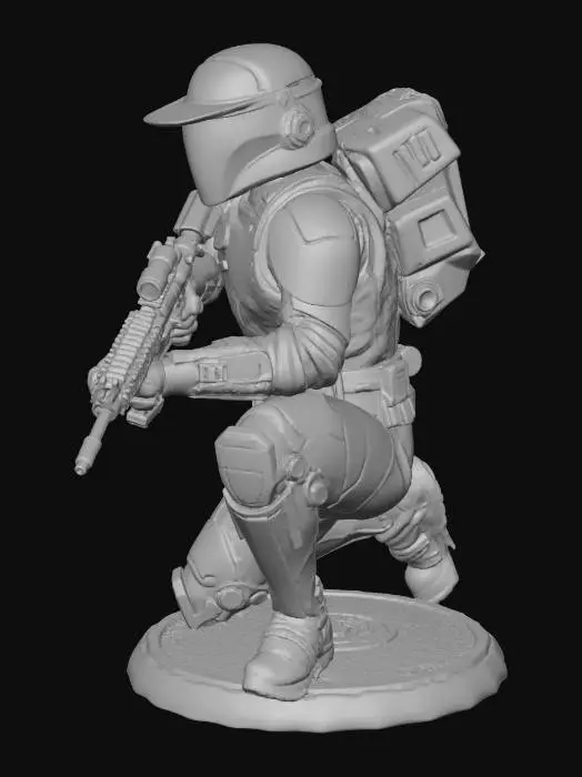 3D model for A sci-fi trooper, a mix between a phase 2 clone trooper from Star Wars, a Space Marine from Warhammer 40k and a Spartan from Halo. Its in a kneeling position aiming his rifle downrange and the model is on a baseplate like a wargaming model