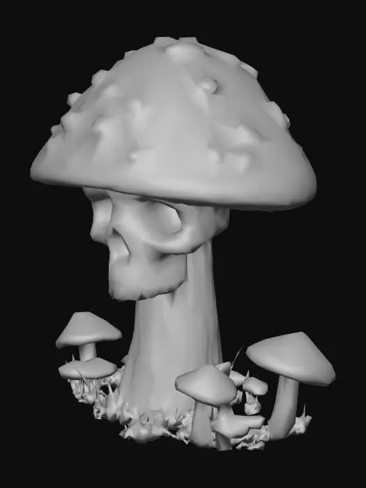 3D model for This is a black-and-white digital drawing in a cartoon style. The central subject is a large, whimsical mushroom with a round, dome-shaped cap adorned with irregular spots and droplets. The cap sits atop a wide, textured stem with detailed lines. Below the cap, the mushroom's face resembles a skull with large, black, empty eyes and a small, triangular nose. Surrounding the central mushroom are smaller, similarly detailed mushrooms with slender stems and rounded caps. The background is minimal, focusing on the mushrooms, with simple grass lines at the base. The overall texture is smooth with clean, precise lines.
