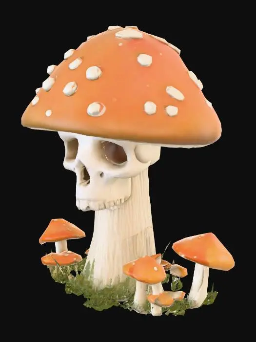 3D model for This is a black-and-white digital drawing in a cartoon style. The central subject is a large, whimsical mushroom with a round, dome-shaped cap adorned with irregular spots and droplets. The cap sits atop a wide, textured stem with detailed lines. Below the cap, the mushroom's face resembles a skull with large, black, empty eyes and a small, triangular nose. Surrounding the central mushroom are smaller, similarly detailed mushrooms with slender stems and rounded caps. The background is minimal, focusing on the mushrooms, with simple grass lines at the base. The overall texture is smooth with clean, precise lines.