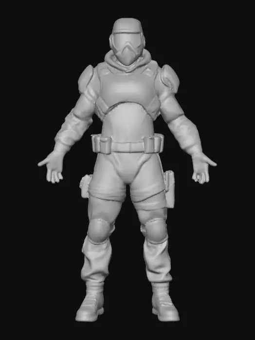 3D model for a 3D model of a man, well shaped, scifi tactical gear, unarmed, empty hands, slim costume, tactical mask covering whole head, camouflage cloth texture, A pose