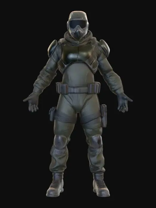 3D model for a 3D model of a man, well shaped, scifi tactical gear, unarmed, empty hands, slim costume, tactical mask covering whole head, camouflage cloth texture, A pose