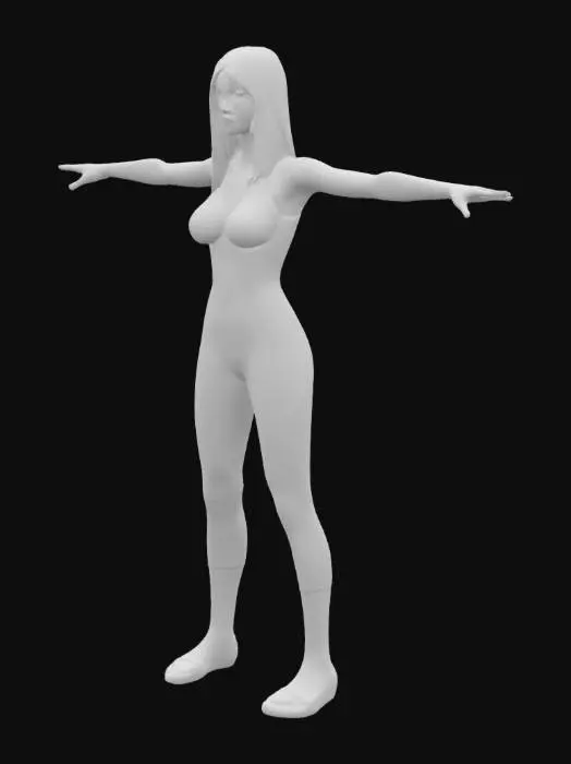 3D model for a young female, in T pose, wearing one piece glossy-look latex and sandle, big and long black hair, detailed,HDRP