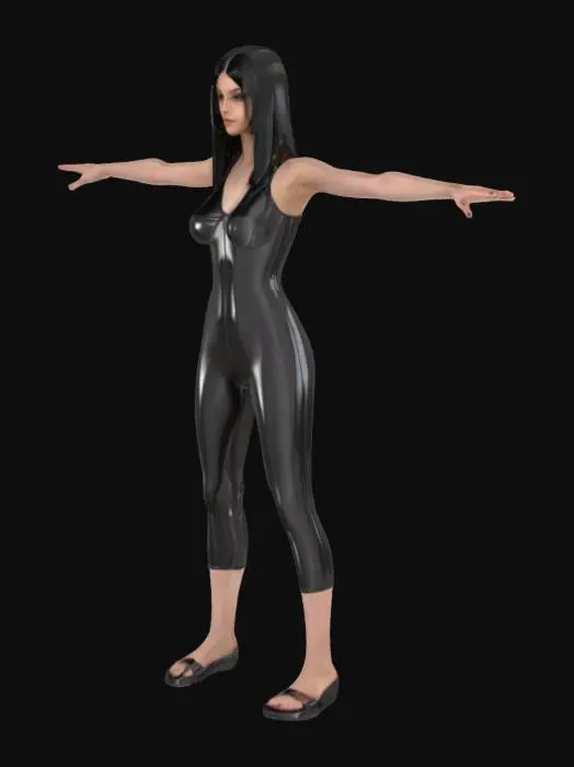 3D model for a young female, in T pose, wearing one piece glossy-look latex and sandle, big and long black hair, detailed,HDRP