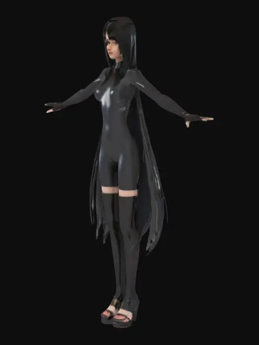 3D model for a young female, in T pose, wearing one piece glossy-look latex and sandle, big and long black hair, detailed,HDRP