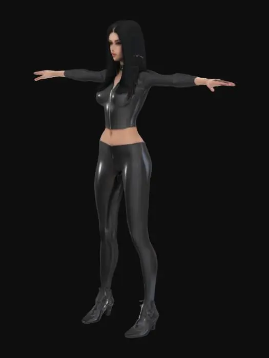 3D model for a young female, in T pose, wearing glossy look latex and sandle, big and long black hair, detailed,HDRP