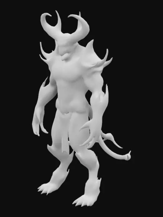 3D model for extremely detailed standing demon figure with a brutal, futuristic, hellish aesthetic, with high contrast. He has pale skin,, muscular limbs, sharp claws, and biomechanical armor with vivid neon red and purple glowing veins, adding to her menacing look. Her large, imposing curled horns and intensely glowing eyes give a powerful presence. Her stance is upright, with legs and feet fully visible. 