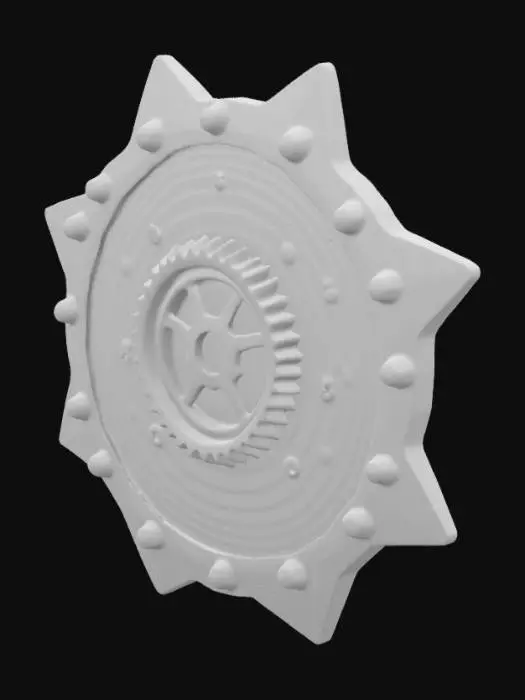3D model for The object features a metal, pentagonal-shaped shield with a mechanical, industrial aesthetic, encompassing cogwheel and key-like elements, and displaying a rugged, textured surface., 