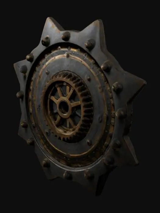 3D model for The object features a metal, pentagonal-shaped shield with a mechanical, industrial aesthetic, encompassing cogwheel and key-like elements, and displaying a rugged, textured surface., 