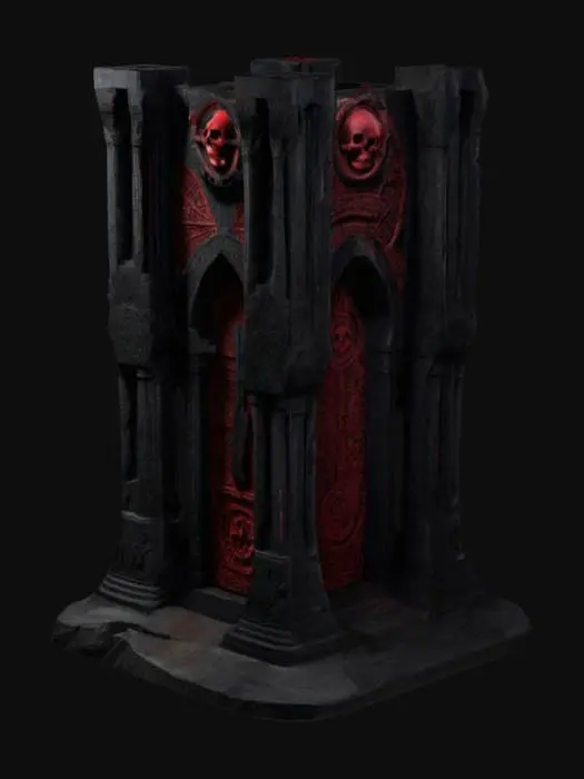 3D model for The object features a complex, symmetrical rectangular shape with intricate, gear-like textures and raised elements spread across its facade. Dark dystopian monument featuring tall, rectangular black stone pillars in a 20’ circular arrangement, adorned with tortured soul carvings and skull motifs. The central arch, labeled 'PACIFIC,' glows with bioluminescent red accents, ."