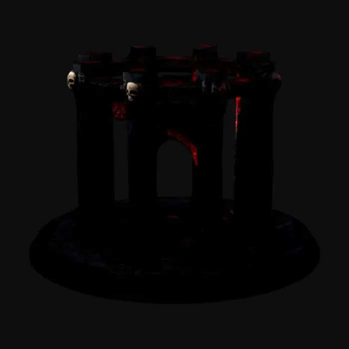 3D model for The object features a complex, symmetrical rectangular shape with intricate, gear-like textures and raised elements spread across its facade. Dark dystopian monument featuring tall, rectangular black stone pillars in a 20’ circular arrangement, adorned with tortured soul carvings and skull motifs. The central arch, labeled 'PACIFIC,' glows with bioluminescent red accents, ."