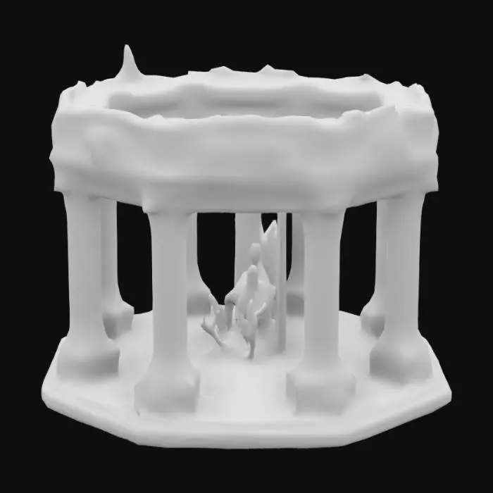 3D model for The object features a complex, symmetrical rectangular shape with intricate, gear-like textures and raised elements spread across its facade. Dark dystopian monument featuring tall, rectangular black stone pillars in a 20’ circular arrangement, adorned with tortured soul carvings and skull motifs. The central arch, labeled 'PACIFIC,' glows with bioluminescent red accents, ."