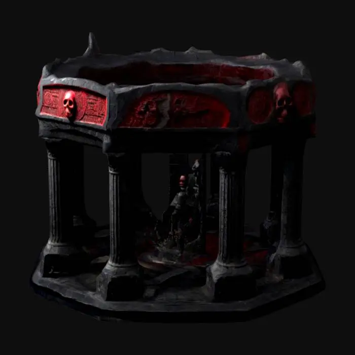 3D model for The object features a complex, symmetrical rectangular shape with intricate, gear-like textures and raised elements spread across its facade. Dark dystopian monument featuring tall, rectangular black stone pillars in a 20’ circular arrangement, adorned with tortured soul carvings and skull motifs. The central arch, labeled 'PACIFIC,' glows with bioluminescent red accents, ."
