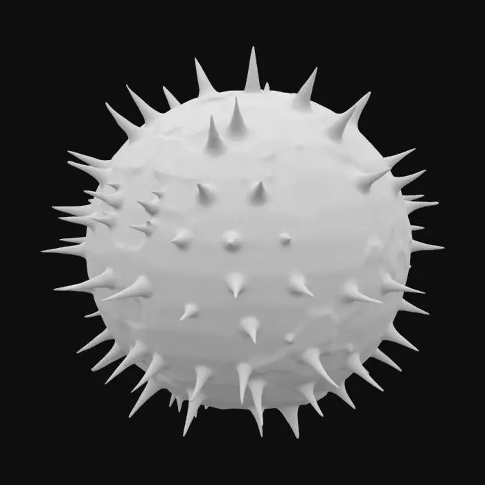 3D model for 建模描述：鏽鐵天樞星球

一顆巨大的星球，整體由扭曲且腐蝕的金屬構成，形態不規則且充滿尖銳結構。星球表面布滿交錯的金屬板塊，板塊間有裂紋與鏽蝕痕跡，銹紅色紋理如血脈般蔓延。鋼鐵表層呈暗銀、灰黑色調，局部帶有泛紅的氧化斑塊。

特徵細節：
	•	尖刺突起：整體佈滿大小不一的金屬尖刺，從表面向外延展，如同鐵鉤或骨刺般鋒利彎曲。
	•	腐蝕紋理：隨處可見鏽蝕孔洞和侵蝕紋理，表面質感粗糙且充滿不規則凹陷。
	•	裂縫發光：星球上的裂縫內部透出微弱暗紅光芒，暗示著內部隱藏著活躍的金屬核心。
	•	金屬流動：部分區域有液態金屬緩慢流淌，形態如冷卻後的凝固岩漿，邊緣泛著暗銀光澤。

。