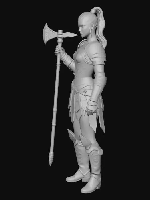 3D model for Full-body orthographic sheet of a human female warrior: front, side, back views, neutral A-pose on white background. Athletic 5 ft 8 in build, visibly muscular. Form-fitting medium armor: tight leather brigandine over mail sleeves, shaped steel breastplate and narrow faulds, buckled leather vambraces and greaves, fingerless gauntlets. Two-handed battle-axe held vertically in right hand, shaft 5 ft long, heavy crescent blade. Hair tied in high practical ponytail, stern expression. Soft 45° top lighting to accent muscle volume and armor seams. 8K resolution, no perspective tilt, no fantasy glow—clean reference for 3D modeling