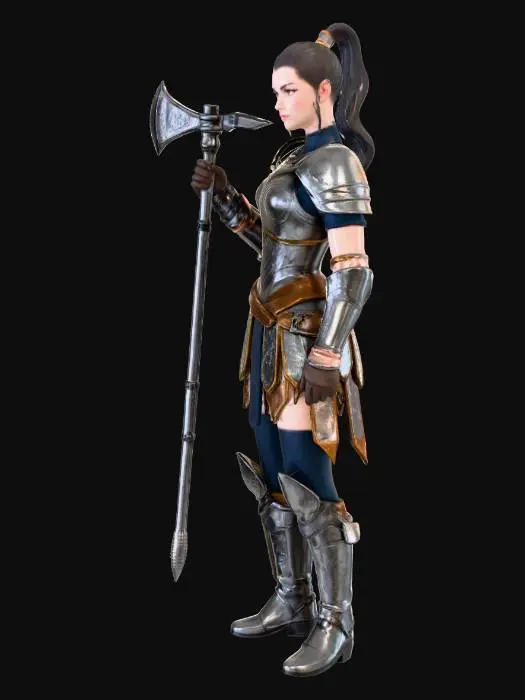 3D model for Full-body orthographic sheet of a human female warrior: front, side, back views, neutral A-pose on white background. Athletic 5 ft 8 in build, visibly muscular. Form-fitting medium armor: tight leather brigandine over mail sleeves, shaped steel breastplate and narrow faulds, buckled leather vambraces and greaves, fingerless gauntlets. Two-handed battle-axe held vertically in right hand, shaft 5 ft long, heavy crescent blade. Hair tied in high practical ponytail, stern expression. Soft 45° top lighting to accent muscle volume and armor seams. 8K resolution, no perspective tilt, no fantasy glow—clean reference for 3D modeling