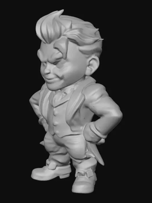 3D model for The Joker. Muscular body. Menacing expression. Chibi art style. Well-proportioned. Clearly defined features. Highly detailed. Highly stylized. Walls and features are at least 2mm thick. Bold, recessed features with a depth of at least 2mm. Sharp, clean lines. Embossed features to rise at least 2mm above the surface. DND. #realistic#