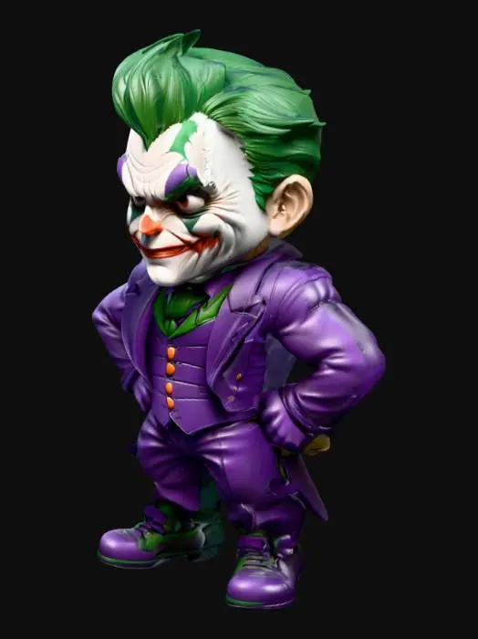3D model for The Joker. Muscular body. Menacing expression. Chibi art style. Well-proportioned. Clearly defined features. Highly detailed. Highly stylized. Walls and features are at least 2mm thick. Bold, recessed features with a depth of at least 2mm. Sharp, clean lines. Embossed features to rise at least 2mm above the surface. DND. #realistic#