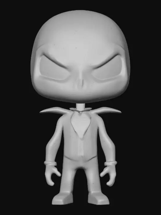 3D model for Jack skellington, Chibi art style. Well-proportioned. Clearly defined features. Highly detailed. Highly stylized. Walls and features are at least 2mm thick. Bold, recessed features with a depth of at least 2mm. Sharp, clean lines. Embossed features to rise at least 2mm above the surface.