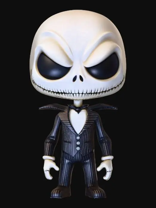 3D model for Jack skellington, Chibi art style. Well-proportioned. Clearly defined features. Highly detailed. Highly stylized. Walls and features are at least 2mm thick. Bold, recessed features with a depth of at least 2mm. Sharp, clean lines. Embossed features to rise at least 2mm above the surface.