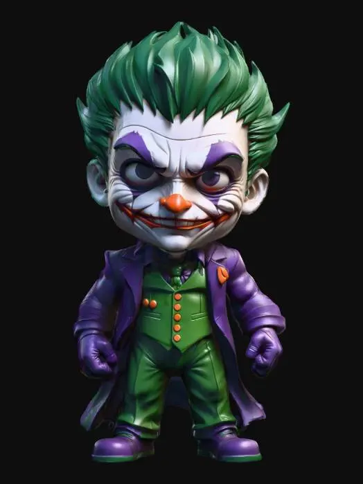 3D model for The Joker. Muscular body. Menacing expression. Chibi art style. Well-proportioned. Clearly defined features. Highly detailed. Highly stylized. Walls and features are at least 2mm thick. Bold, recessed features with a depth of at least 2mm. Sharp, clean lines. Embossed features to rise at least 2mm above the surface. DND. #realistic#