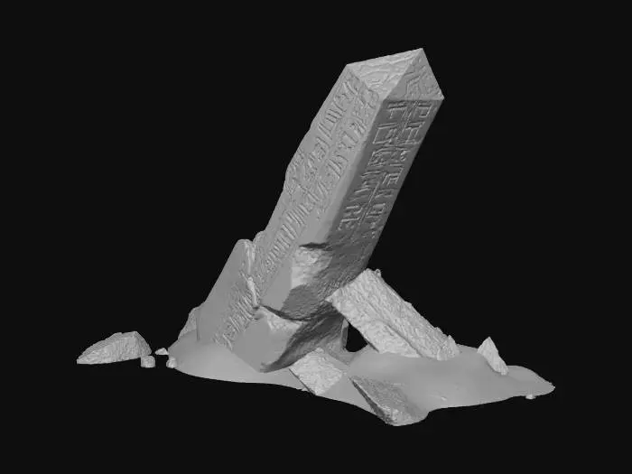 3D model for Broken Ancient Egyptian obelisk ruin, laying on the ground, crumbling, sticking out of the sand. Highly detailed, realistic, antique-style, museum-quality, cinematic lighting