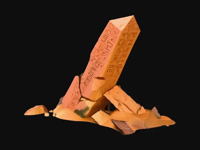 3D model for Broken Ancient Egyptian obelisk ruin, laying on the ground, crumbling, sticking out of the sand. Highly detailed, realistic, antique-style, museum-quality, cinematic lighting