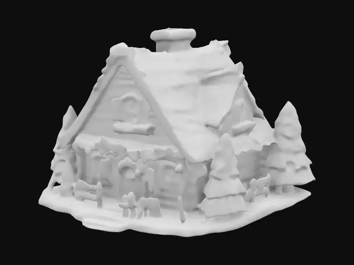 3D model for #ChristmasAdventure# Haus des Weihnachtsmanns 

Ein rustikales, zweistöckiges Holzhaus mit roten Fensterläden und grünen Verzierungen.
Ein großes, schräges Dach, komplett mit Schnee bedeckt.

Eine Eingangstür, die mit einem Kranz aus Tannenzweigen und roten Schleifen geschmückt ist.
Fenster, aus denen ein warmes, goldenes Licht scheint.
Dekorationen:
Girlanden aus Lichtern, die entlang des Daches hängen.
Säulen in Form von riesigen Zuckerstangen.
Umgeben von schneebedeckten Tannen.
hohen Kamin.