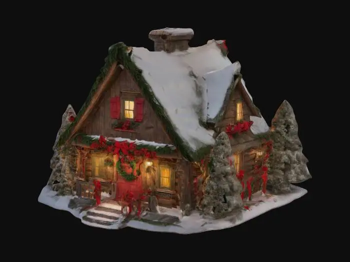 3D model for #ChristmasAdventure# Haus des Weihnachtsmanns 

Ein rustikales, zweistöckiges Holzhaus mit roten Fensterläden und grünen Verzierungen.
Ein großes, schräges Dach, komplett mit Schnee bedeckt.

Eine Eingangstür, die mit einem Kranz aus Tannenzweigen und roten Schleifen geschmückt ist.
Fenster, aus denen ein warmes, goldenes Licht scheint.
Dekorationen:
Girlanden aus Lichtern, die entlang des Daches hängen.
Säulen in Form von riesigen Zuckerstangen.
Umgeben von schneebedeckten Tannen.
hohen Kamin.