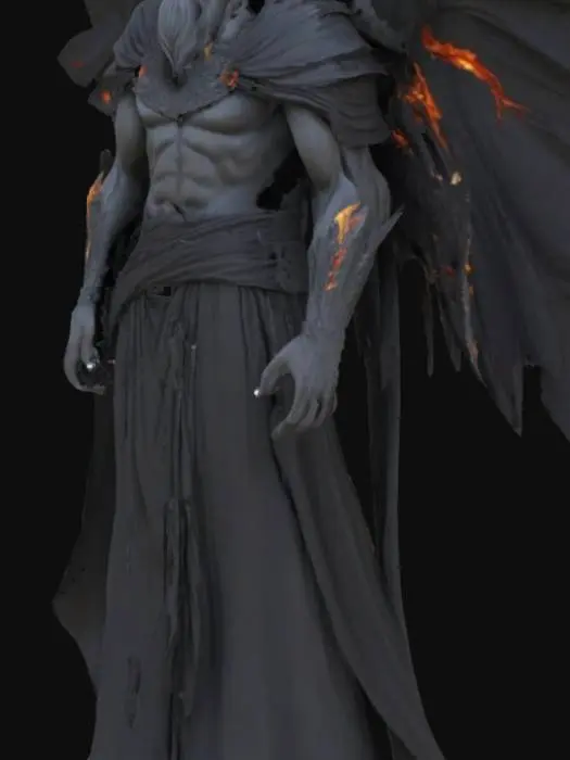 3D model for "Create a 3D model of Hades from Greek mythology. Make him tall and imposing, with a dark, regal appearance. Dress him in flowing black robes with subtle fire or shadow elements. Give him a stern, mysterious expression, with dark hair and a well-defined face. The model should be detailed enough for rendering and animation."