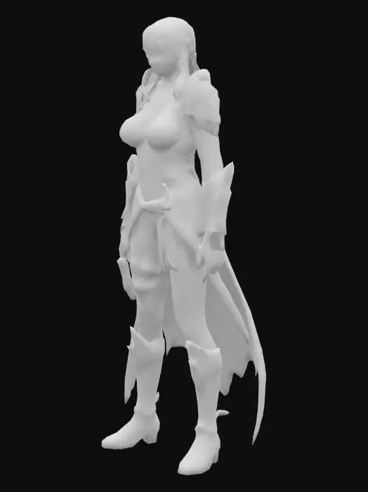 3D model for tylized female warrior character, young adult, wearing fantasy armor with gold accents and leather boots, long braided hair, confident expression, standing pose, for action RPG game