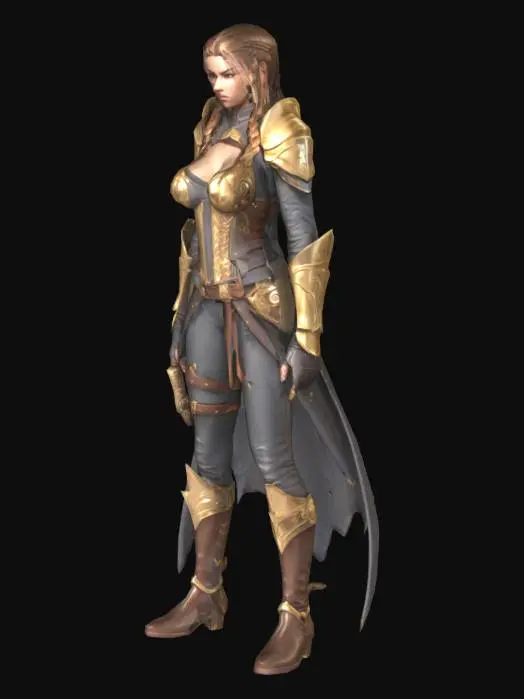 3D model for tylized female warrior character, young adult, wearing fantasy armor with gold accents and leather boots, long braided hair, confident expression, standing pose, for action RPG game