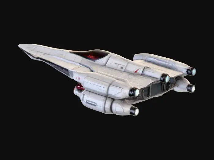 3D model for Fighter class spaceship, low poly design, sci-fi elements, futuristic details, detailed textures on the ship's surface