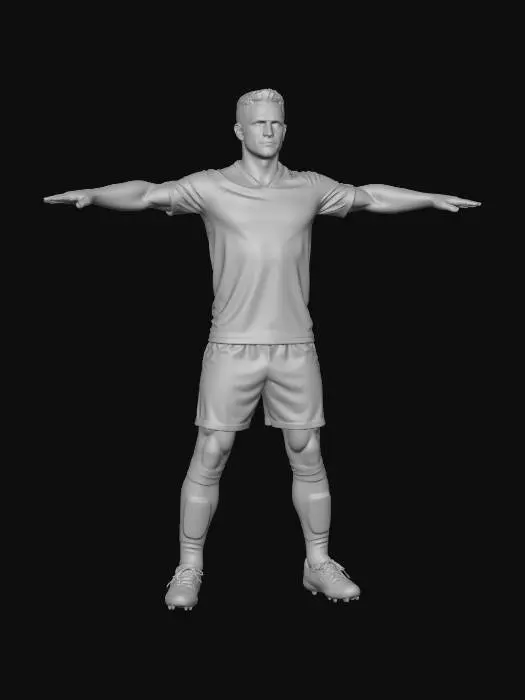 3D model for Full body professional soccer player character reconstruction based on reference image. Preserve realistic human anatomy, athletic muscular proportions, and accurate facial structure. Generate high-poly detailed character suitable for AAA sports game production.

Maintain full body including head, torso, arms, hands, legs, and feet. Character must be in neutral T-pose with balanced weight distribution.

Create realistic sports uniform with physically accurate fabric folds, seams, and stitching. Include detailed soccer boots, socks, and jersey materials.

Generate clean quad-based topology suitable for animation and rigging. Maintain correct edge flow around joints and facial deformation areas.

Produce high resolution PBR textures including skin pores, micro surface detail, fabric texture,