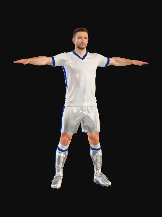 3D model for Full body professional soccer player character reconstruction based on reference image. Preserve realistic human anatomy, athletic muscular proportions, and accurate facial structure. Generate high-poly detailed character suitable for AAA sports game production.

Maintain full body including head, torso, arms, hands, legs, and feet. Character must be in neutral T-pose with balanced weight distribution.

Create realistic sports uniform with physically accurate fabric folds, seams, and stitching. Include detailed soccer boots, socks, and jersey materials.

Generate clean quad-based topology suitable for animation and rigging. Maintain correct edge flow around joints and facial deformation areas.

Produce high resolution PBR textures including skin pores, micro surface detail, fabric texture,