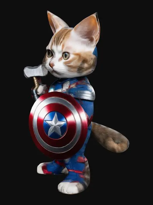 3D model for A cat wielding Mjölnir and captain Americas shield while wearing an iron man suit