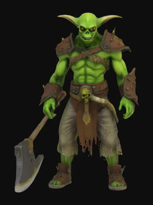 3D model for radioactive goblin, wearing bone armor wielding a battle axe