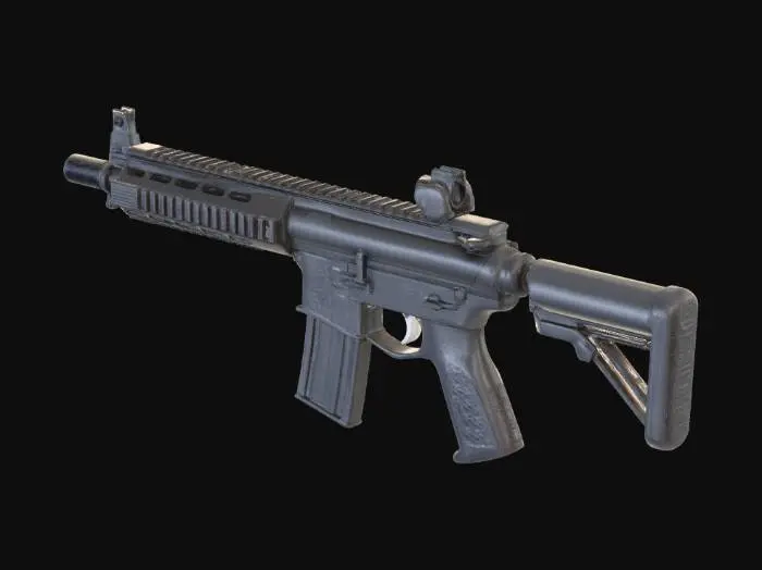 3D model for Low poly game-ready assault rifle, tactical, black, 
magazine inserted, 3D model, single material, weapon, 
simple topology, game-optimized
