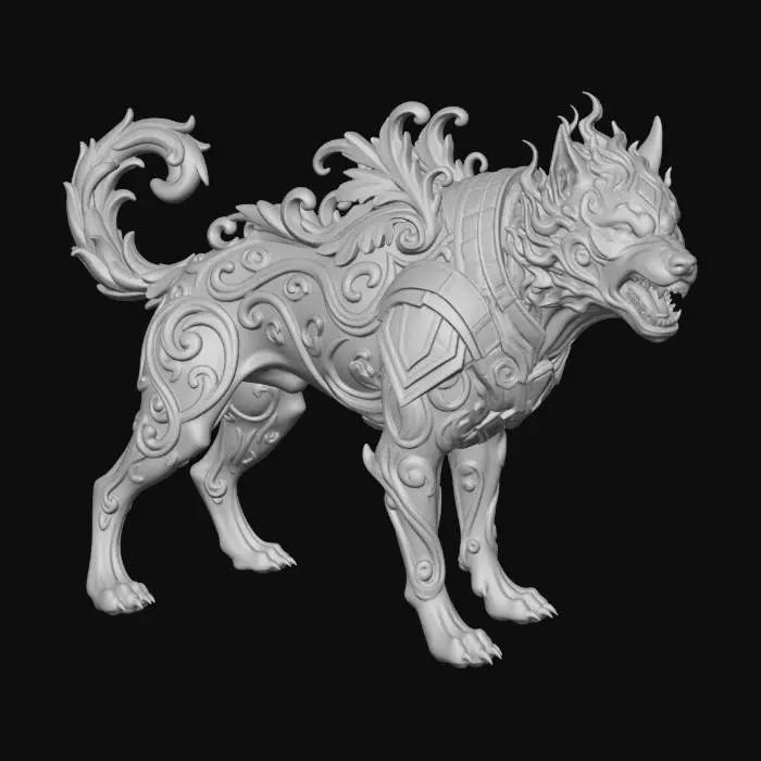 3D model for detailed hellhound ink drawing art nouveau, art deco or baroque style